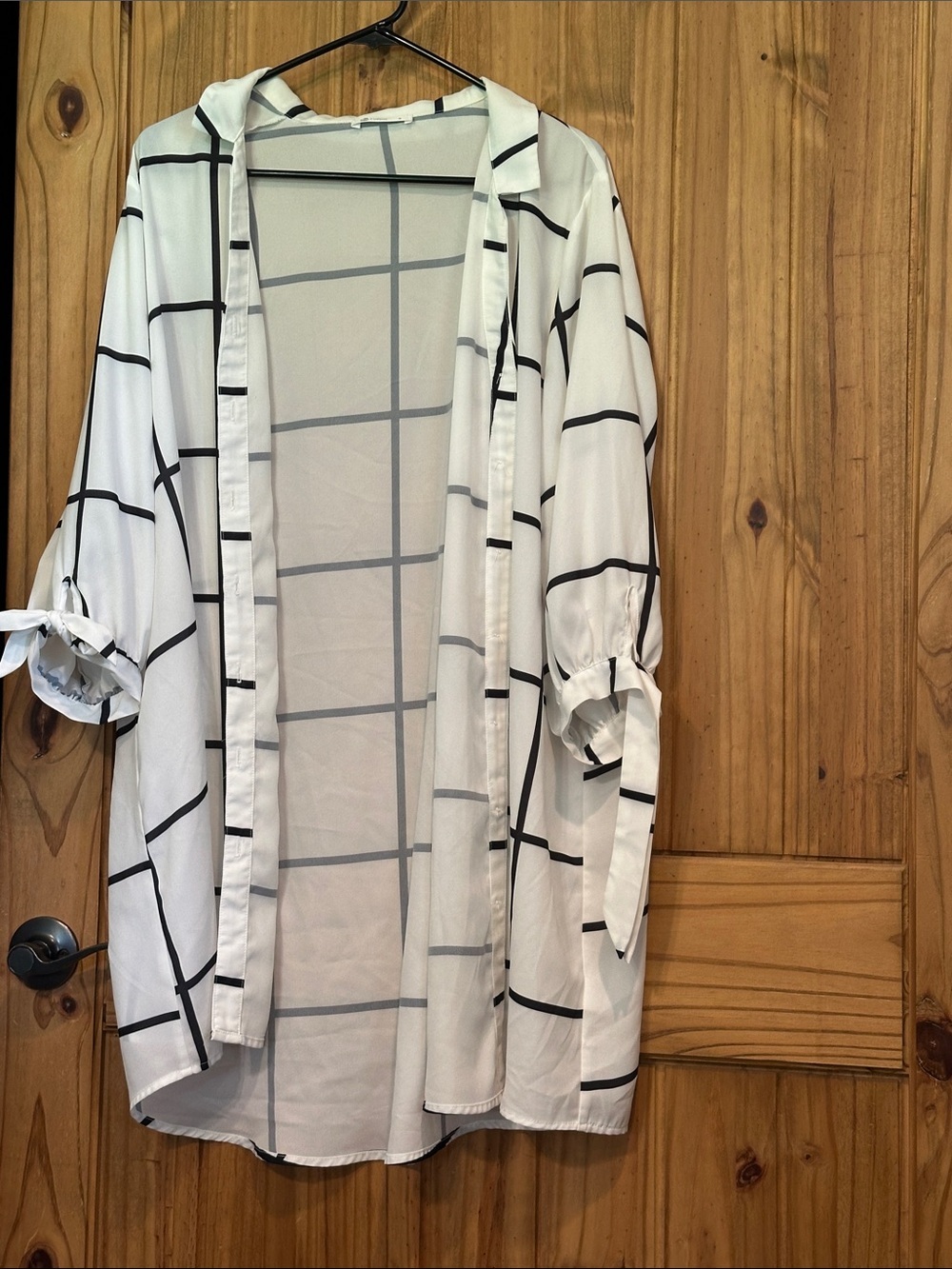Cupshe White Sheer Open-Front Button-Down with Black Grid